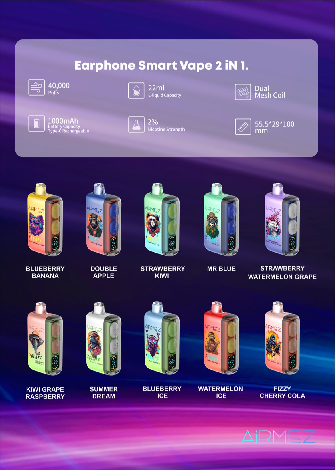 Kit jetable AiRMEZ Xbeats 40000 Puffs avec écouteurs TWS