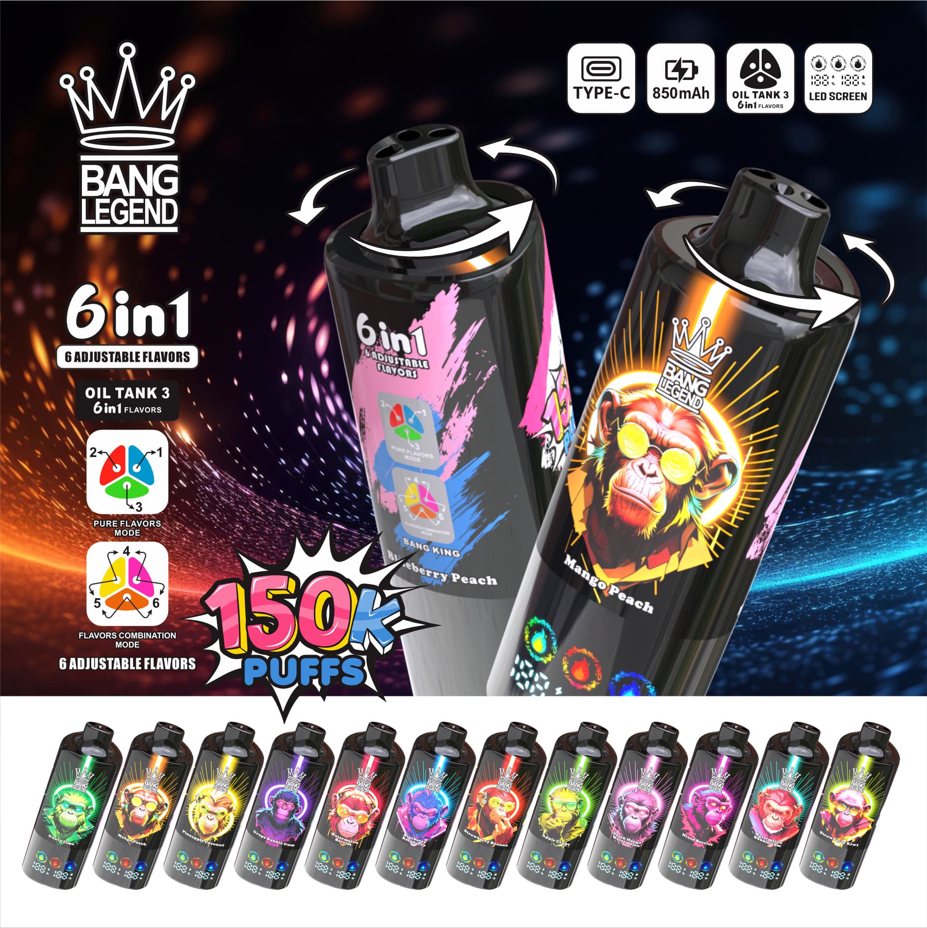 Kit jetable Bang Legend 150000 150K Puffs 6-in-1 Flavors Vente en Ligne