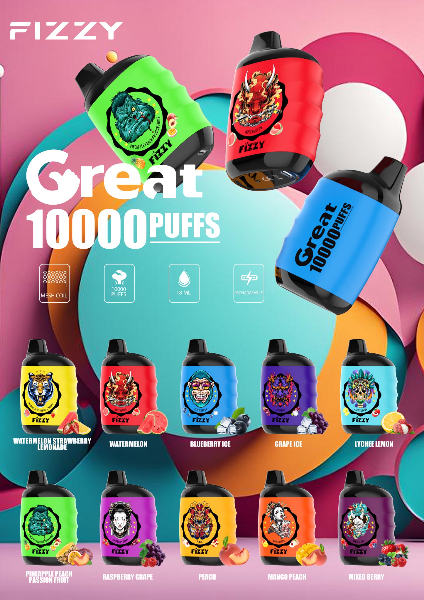 Kit jetable rechargeable Fizzy GREAT 10000 Puffs