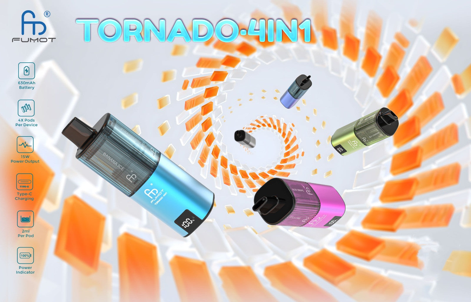 Kit de vape rechargeable TPD remplaable Fumot Tornado 4in1 Pas Cher |  fr.vapormo.com  frvapormo