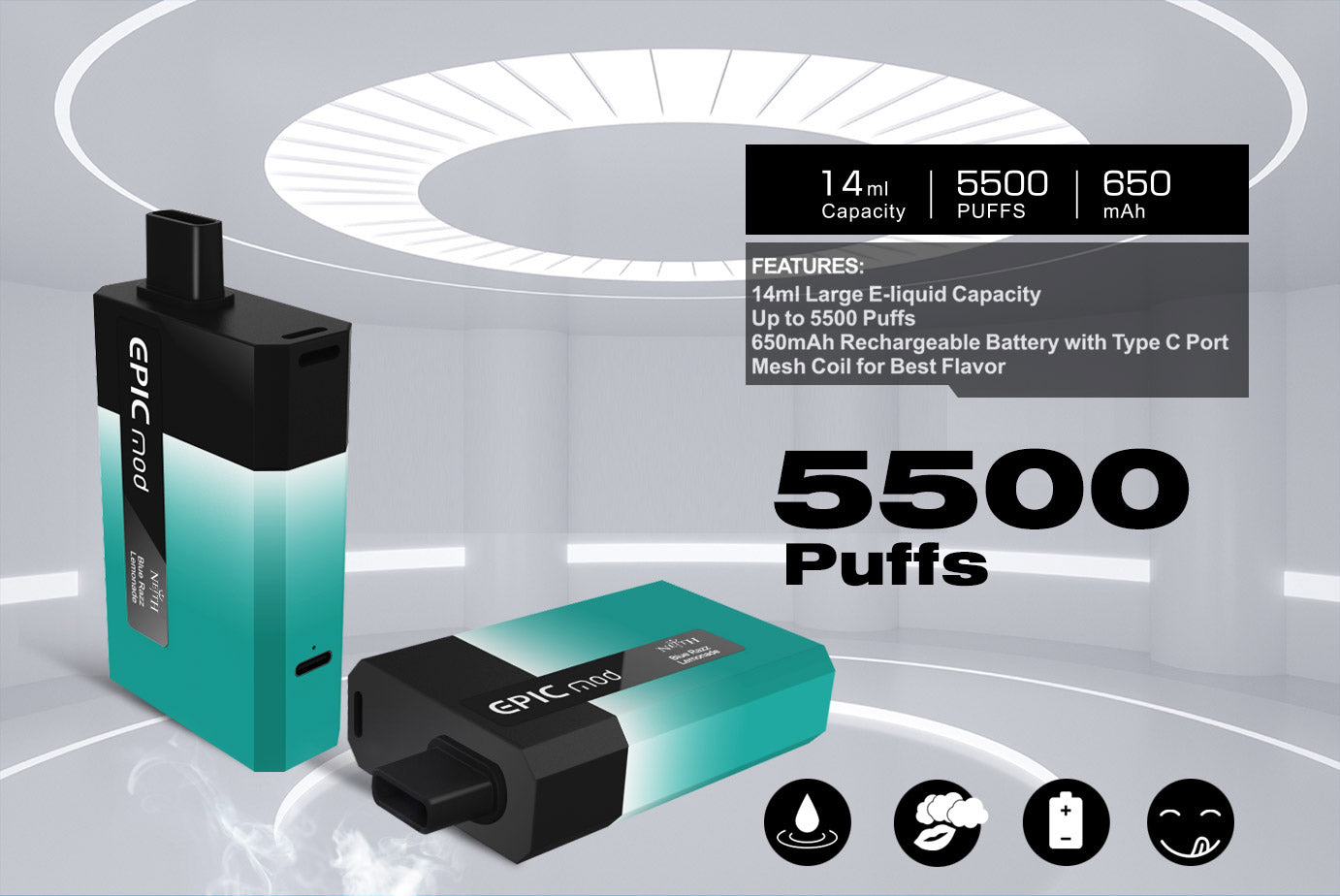 NEITH EPICMOD 5500 PUFF Cigarette électronique jetable kit rechargeable 650mAh 14ml (20mg)