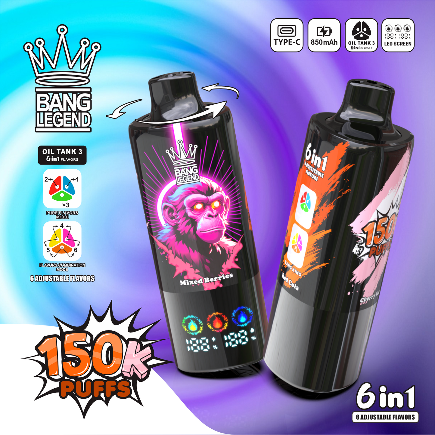 Kit jetable Bang Legend 150000 150K Puffs 6-in-1 Flavors
