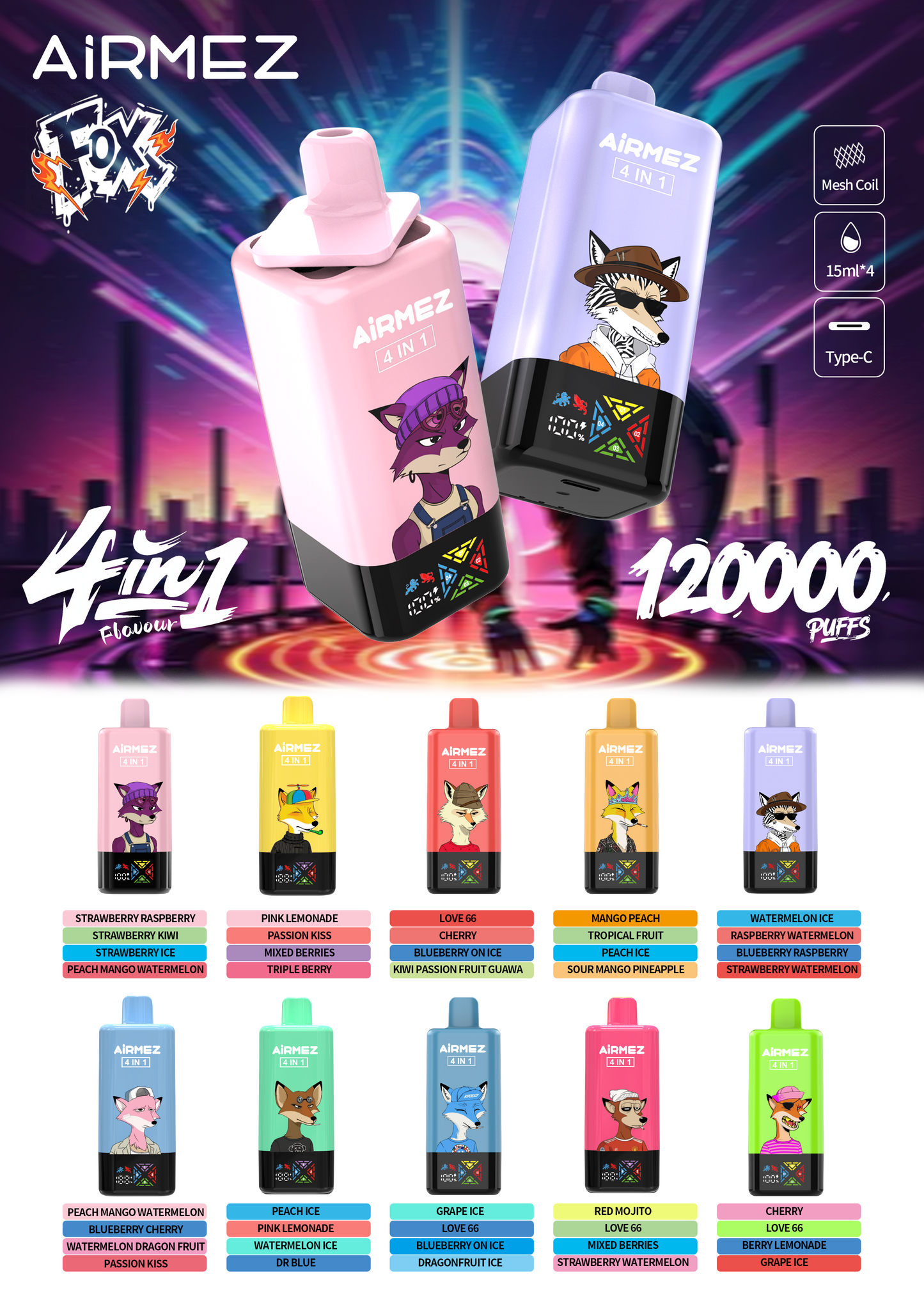 Kit jetable AiRMEZ Fox 4in1 120K 60ml (120 000 Puffs)