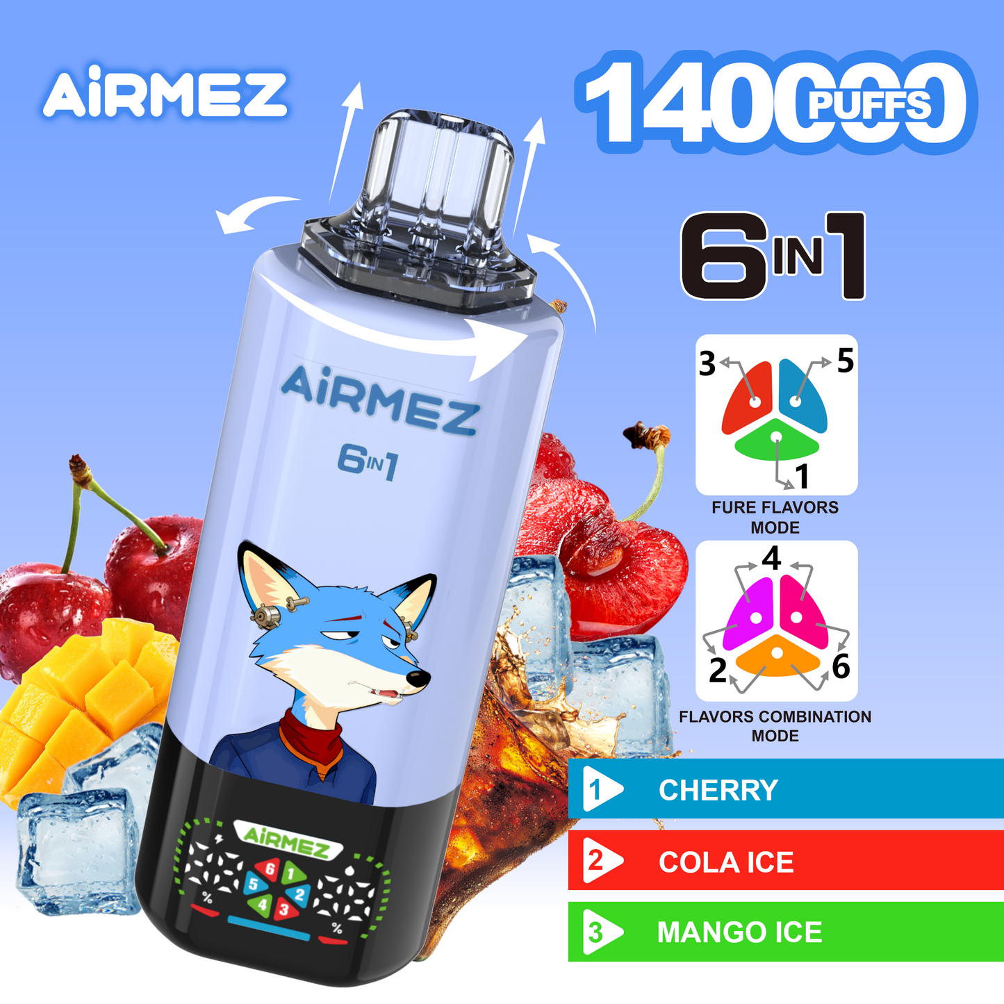 Kit jetable Airmez Fox 6in1 140K 45ml (140 000 Puffs)