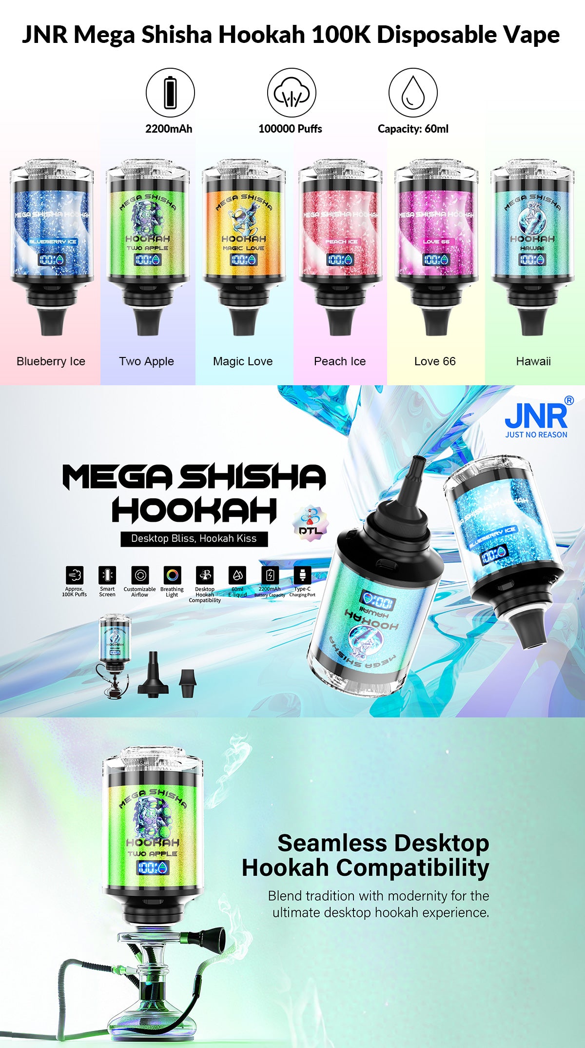 Kit jetable rechargeable JNR Mega Shisha Hookah 100K 60ml