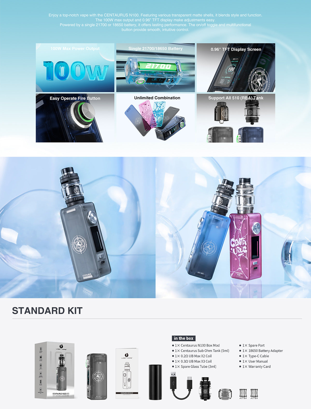 Kit Centaurus N100 de Lost Vape avec Centaurus Sub Ohm atomiseur 5ml