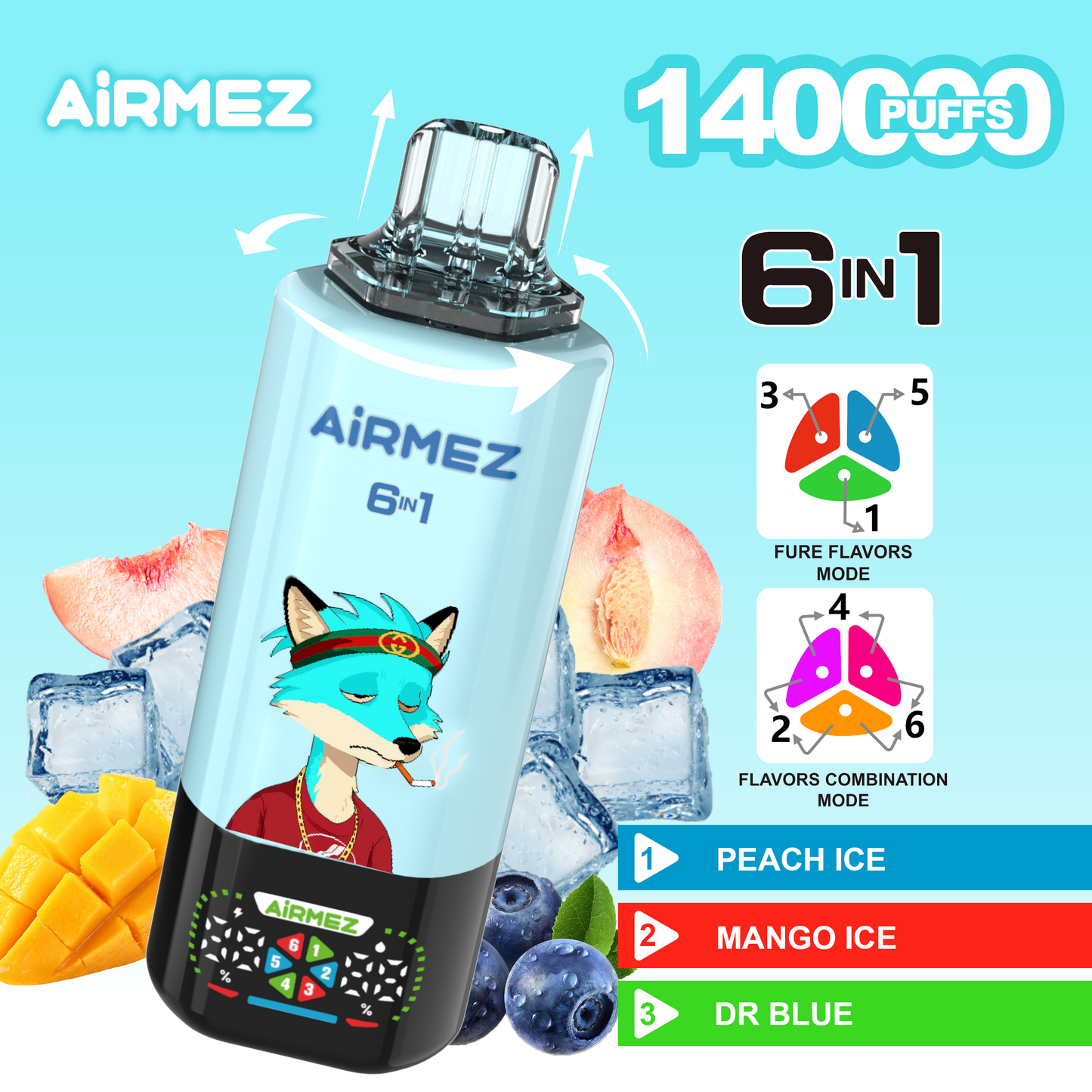 Kit jetable Airmez Fox 6in1 140K 45ml (140 000 Puffs)