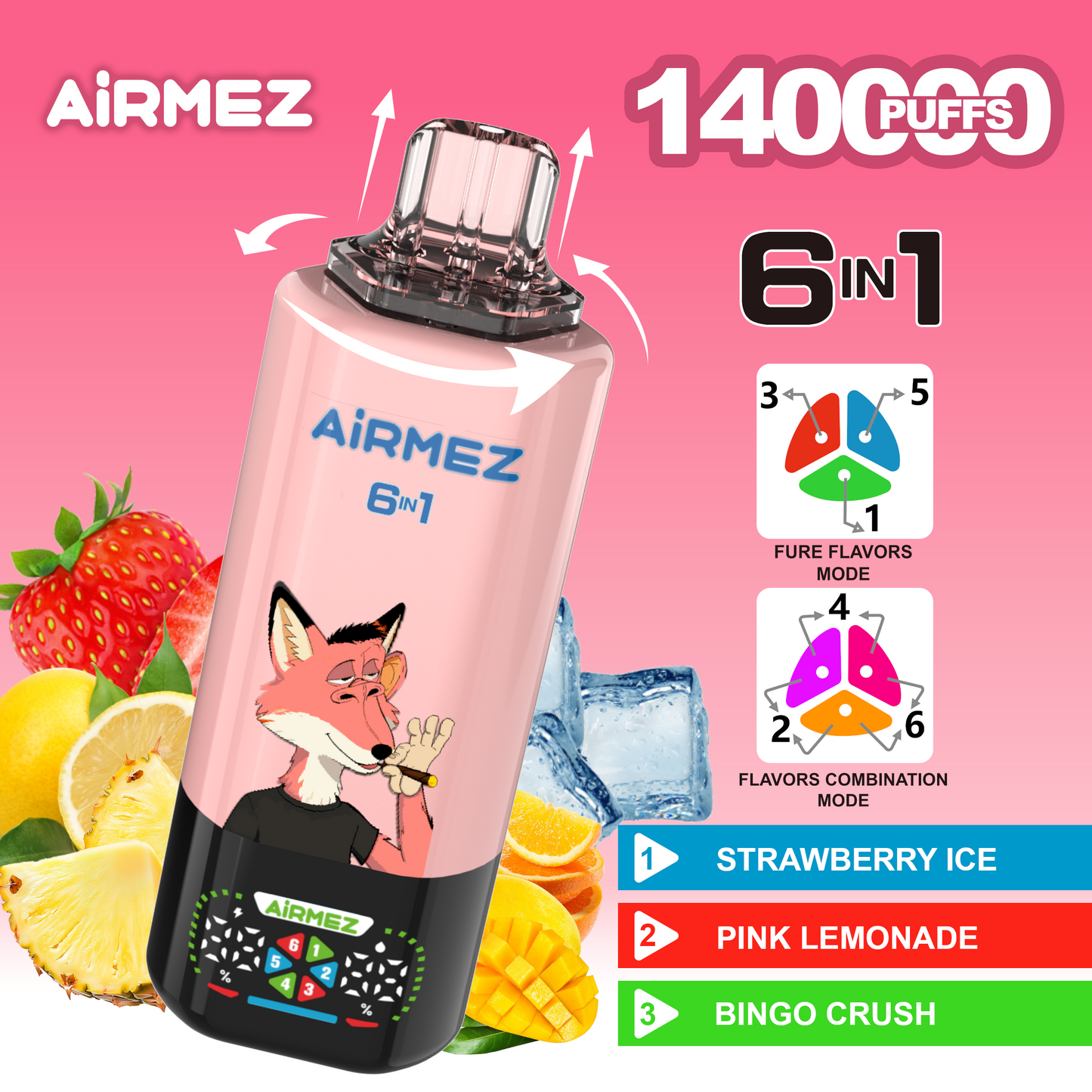 Kit jetable Airmez Fox 6in1 140K 45ml (140 000 Puffs)