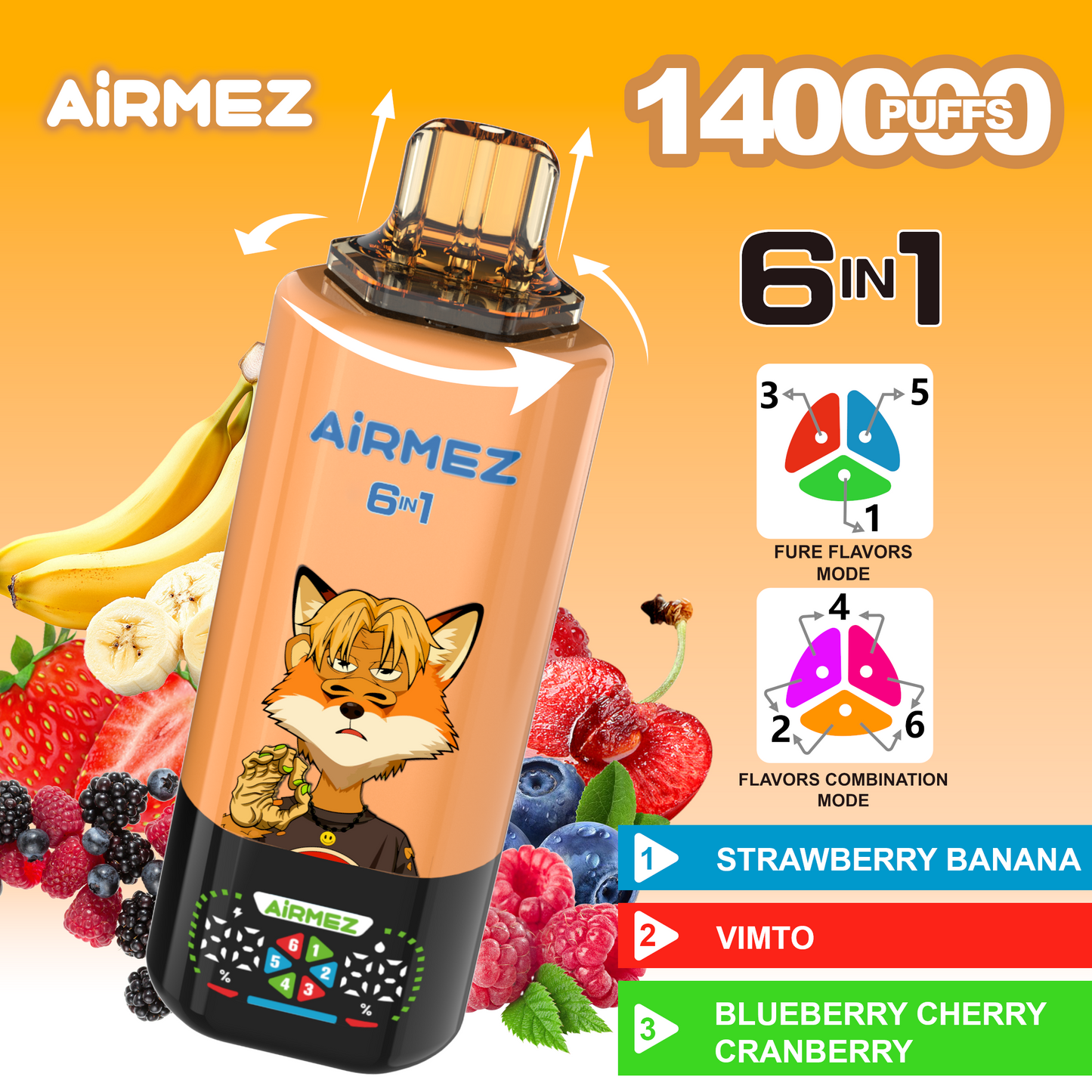 Kit jetable Airmez Fox 6in1 140K 45ml (140 000 Puffs)