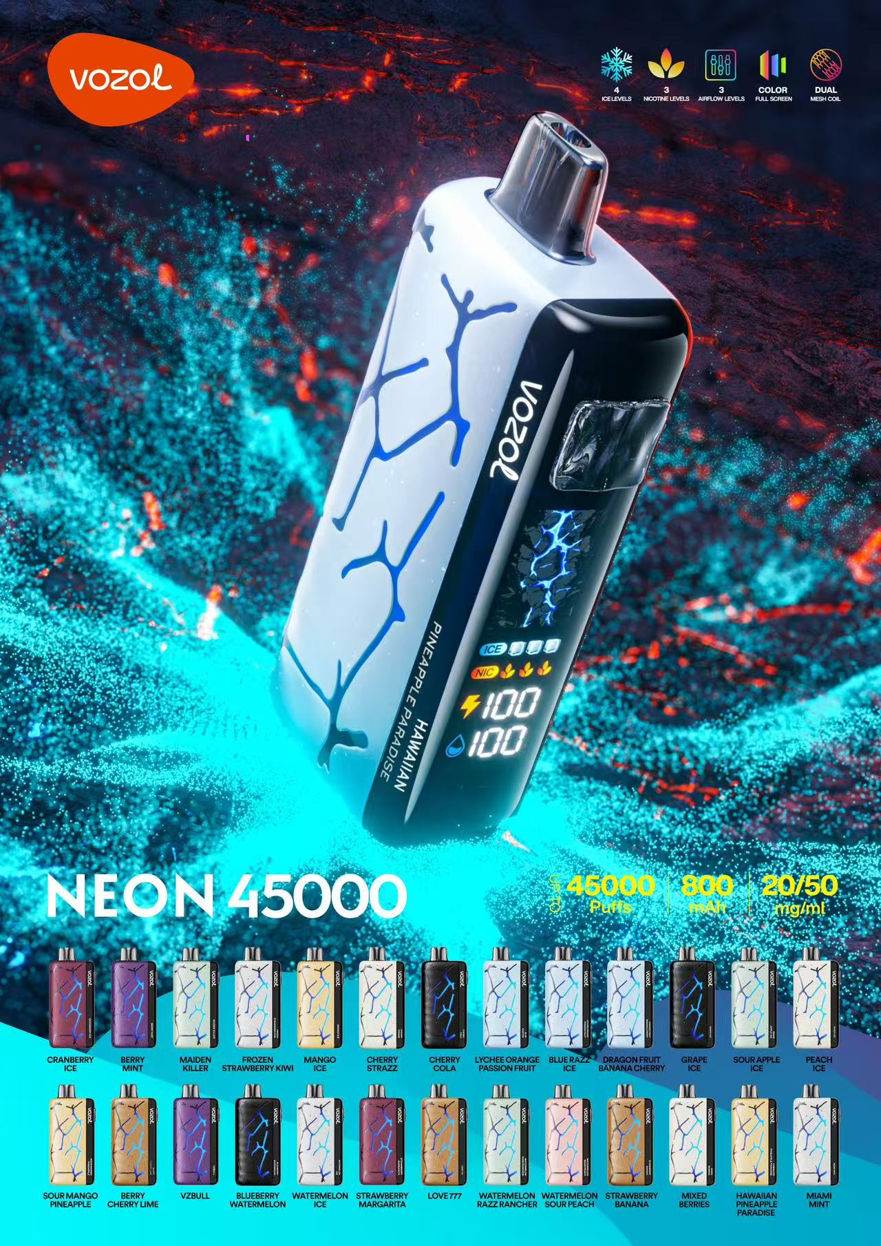 Kit jetable prérempli Vozol Neon 45000 Puffs 24 ml (45K Puffs)