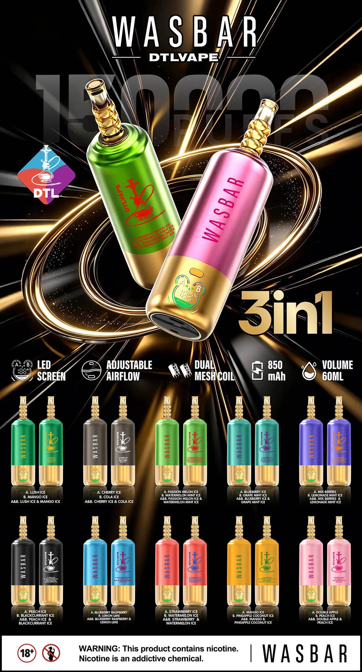 Kit jetable Wasbar 150K Puffs 3-in-1 DTL Shisha Hookah