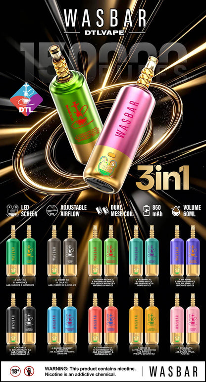 Kit jetable Wasbar 150K Puffs 3-in-1 DTL Shisha Hookah
