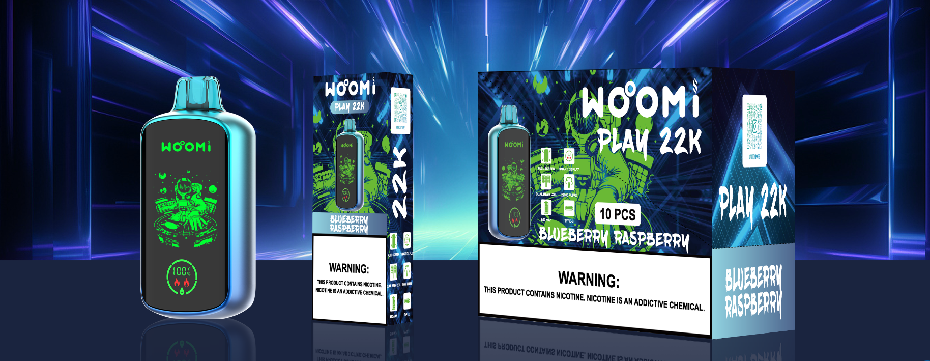 Kit jetable rechargeable Woomi Play 22000 Puffs (écran LED complet) 10 pièces/paquet