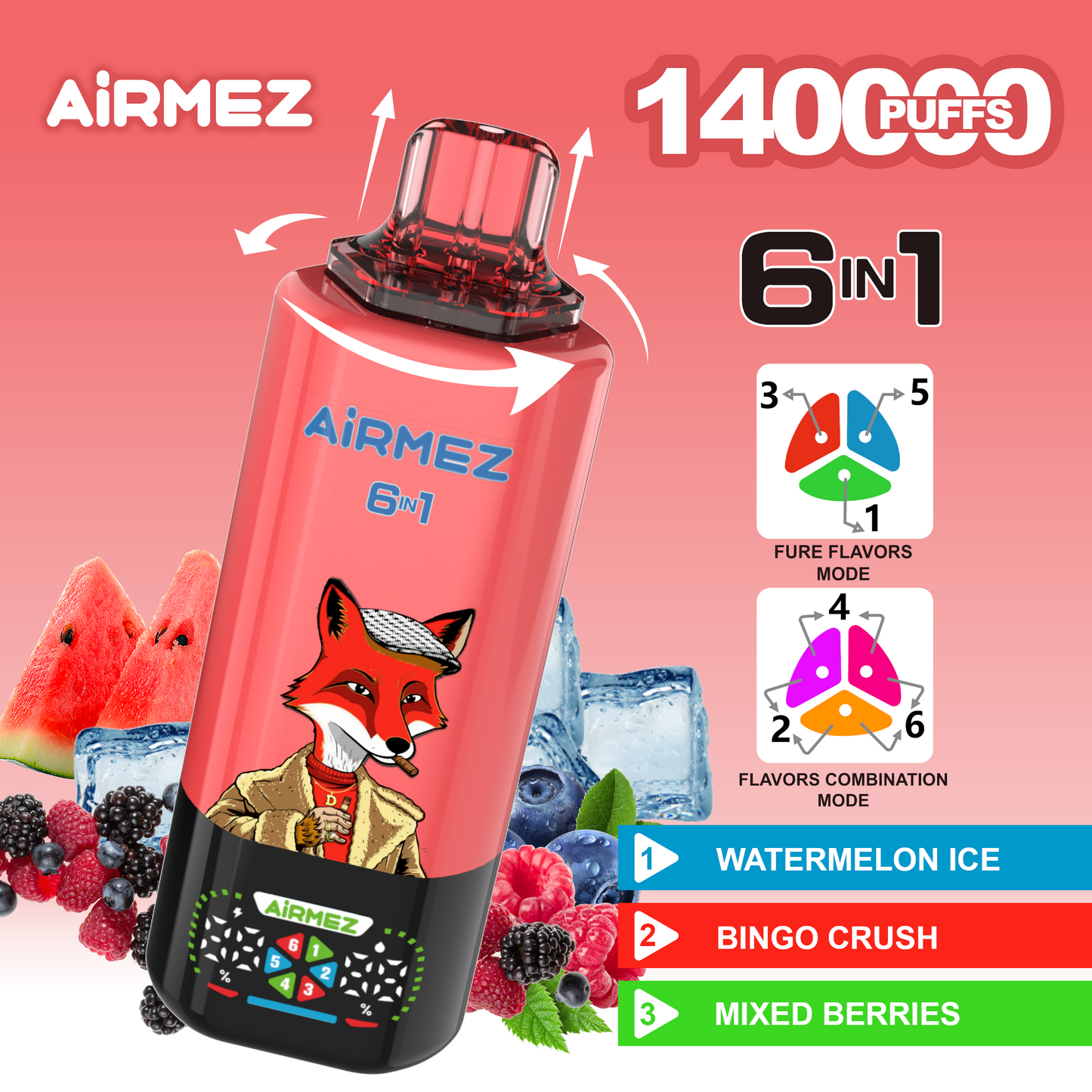 Kit jetable Airmez Fox 6in1 140K 45ml (140 000 Puffs)
